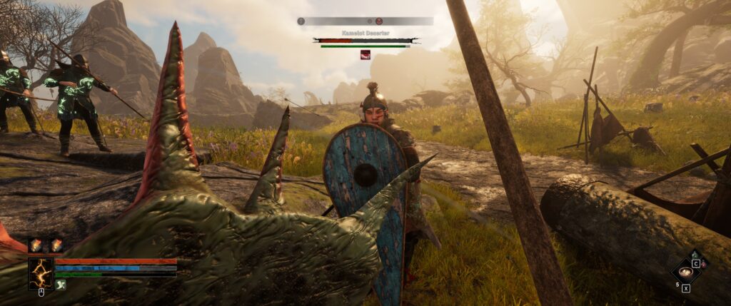 Tainted Grail: a shielded Kamelotian deserter faces off against me and two summoned Sentinels.