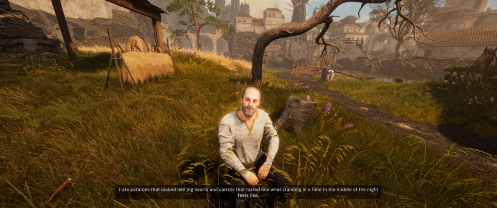 Tainted Grail: a peasant describes eating food grown in Wyrdness.