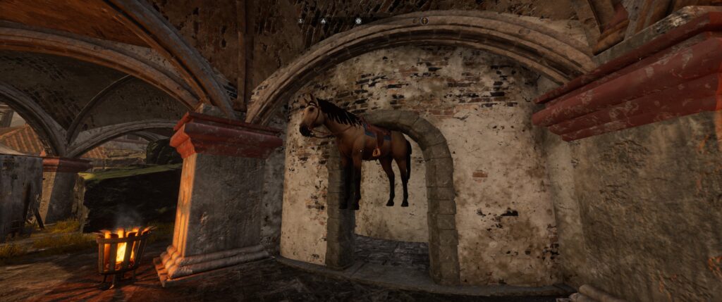 Tainted Grail: a horse stuck at the top of a door arch.