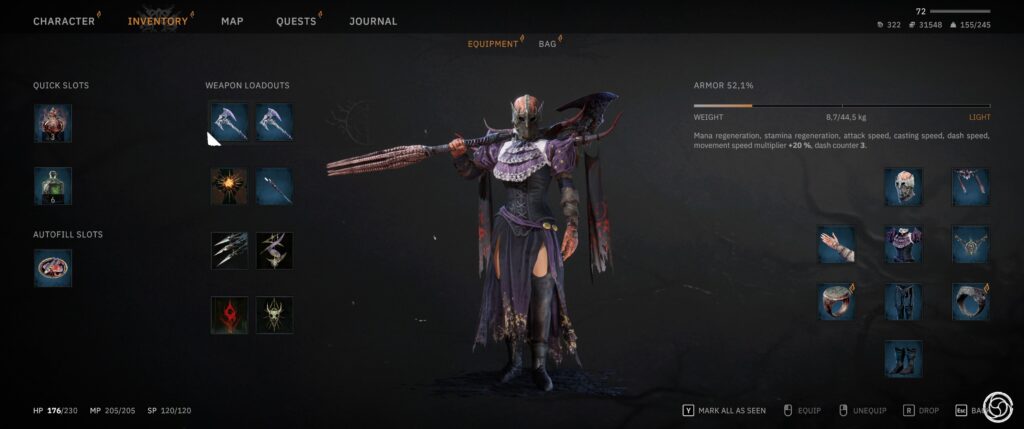 Tainted Grail: The menu view of my character