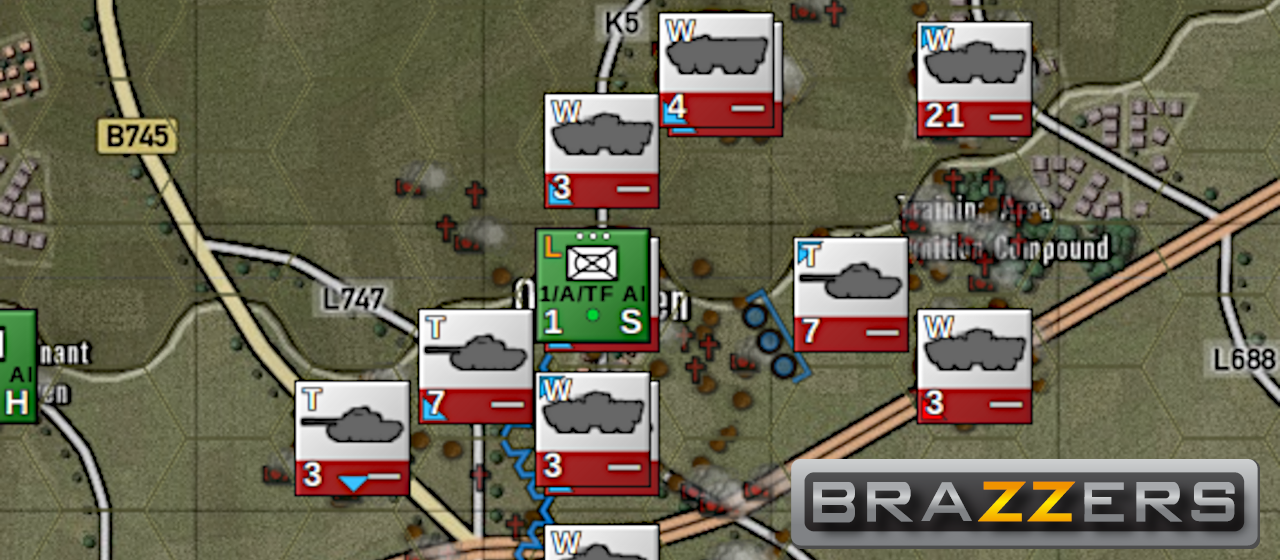 Zoomed in Flashpoint Campaigns: Cold War screenshot. A lone American chit is surrounded by a lot of Polish chits. A Brazzers logo has been edited in the lower right corner. This is funny.