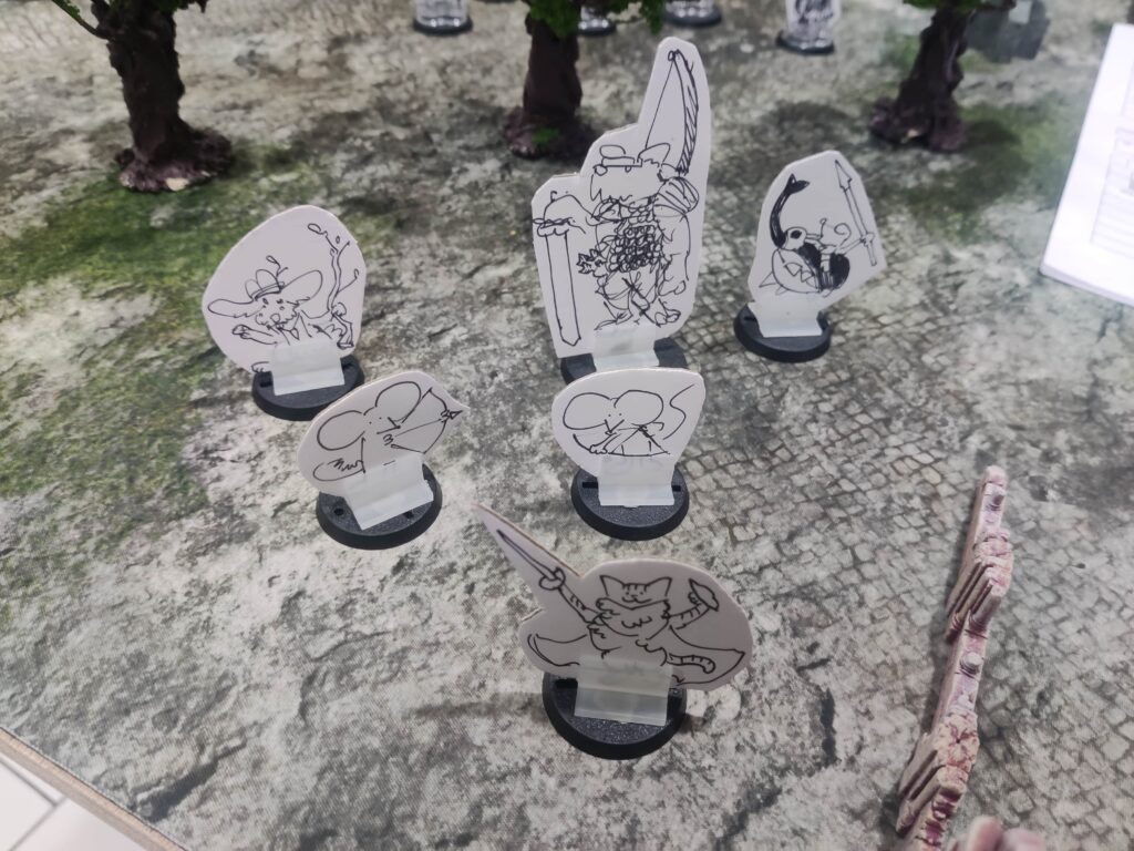 Lovingly doodled standees for Burrows and Badgers 2E